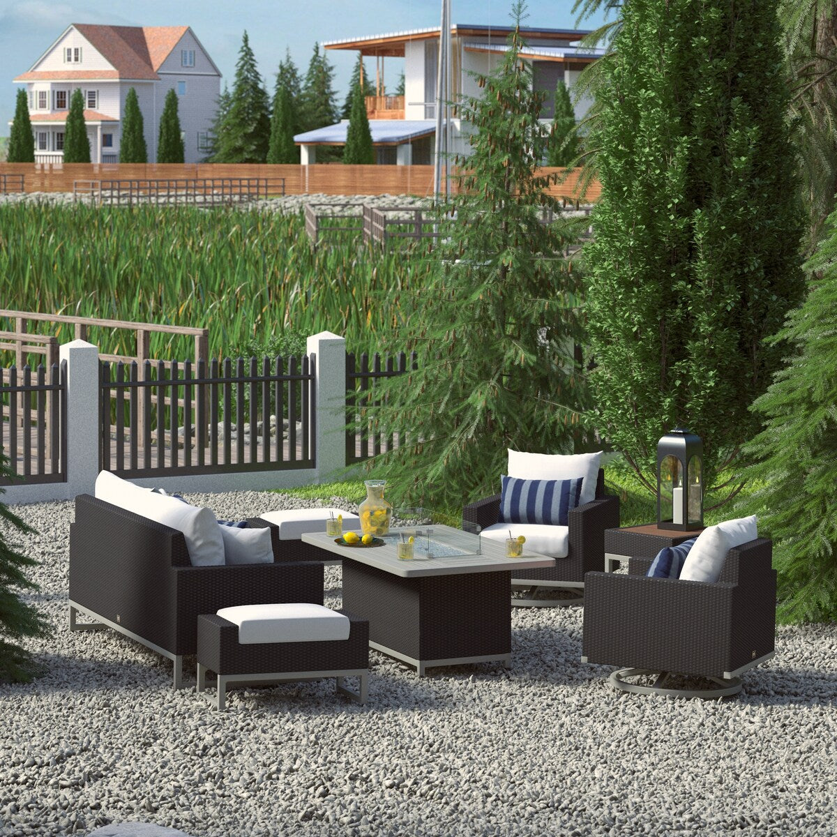 Milo Espresso 7 Piece Sunbrella Outdoor Patio Motion Fire Set
