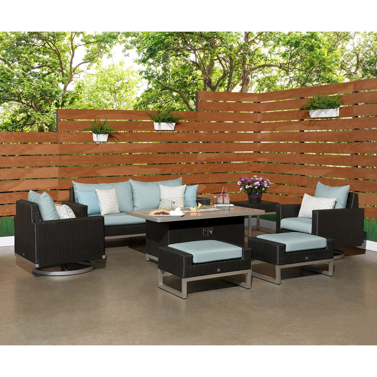 Milo Espresso 7 Piece Sunbrella Outdoor Patio Motion Fire Set