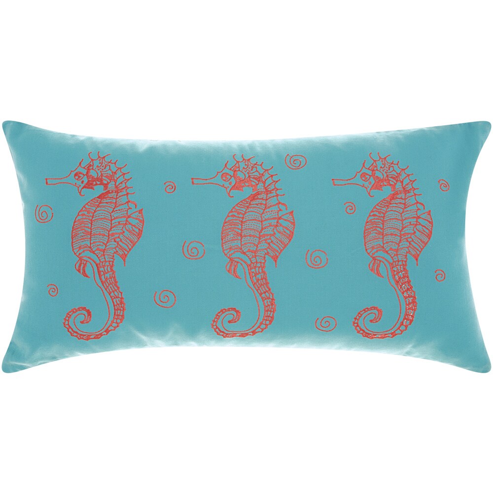 Mina Victory Outdoor Three Seahorses Turquoise/ Coral Throw Pillow by Nourison (12 x 22-inch)