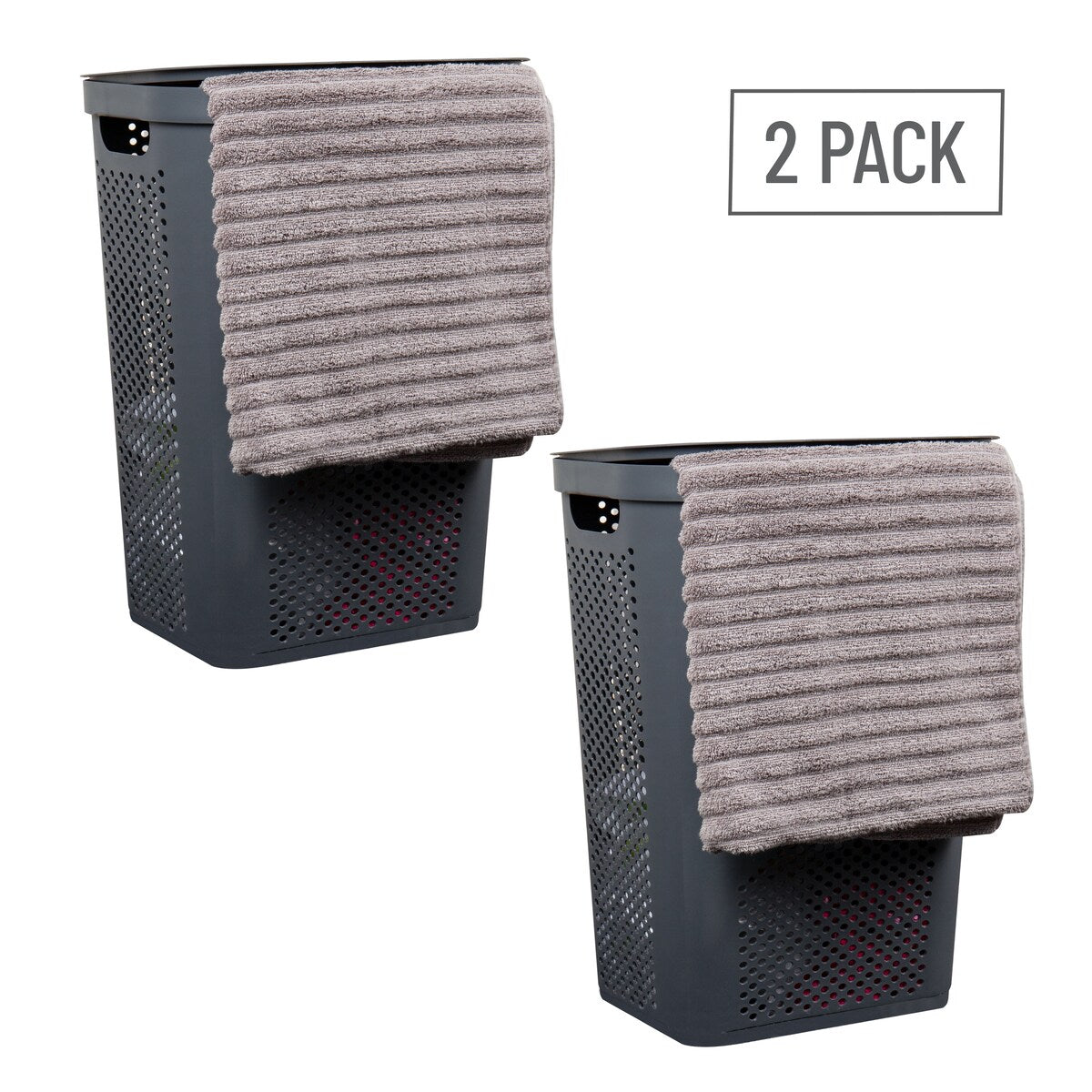 Mind Reader 60L Slim Laundry Hamper, Clothes Basket, Lid, Ventilated, Plastic, 17.25"L x 13.75"W x 23.5"H, 2-Pack