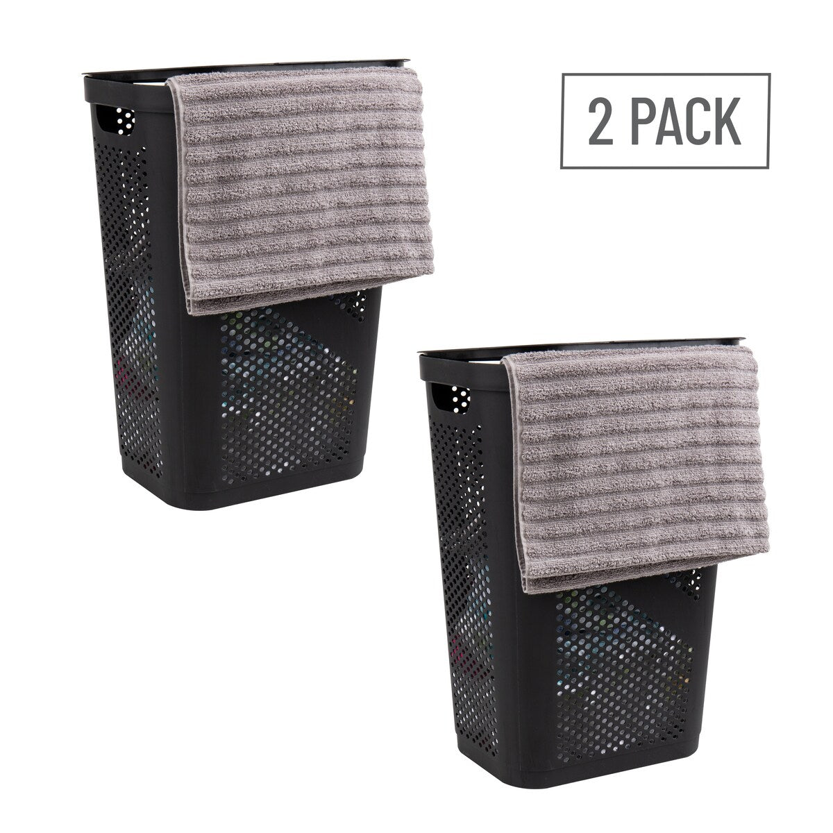 Mind Reader 60L Slim Laundry Hamper, Clothes Basket, Lid, Ventilated, Plastic, 17.25"L x 13.75"W x 23.5"H, 2-Pack