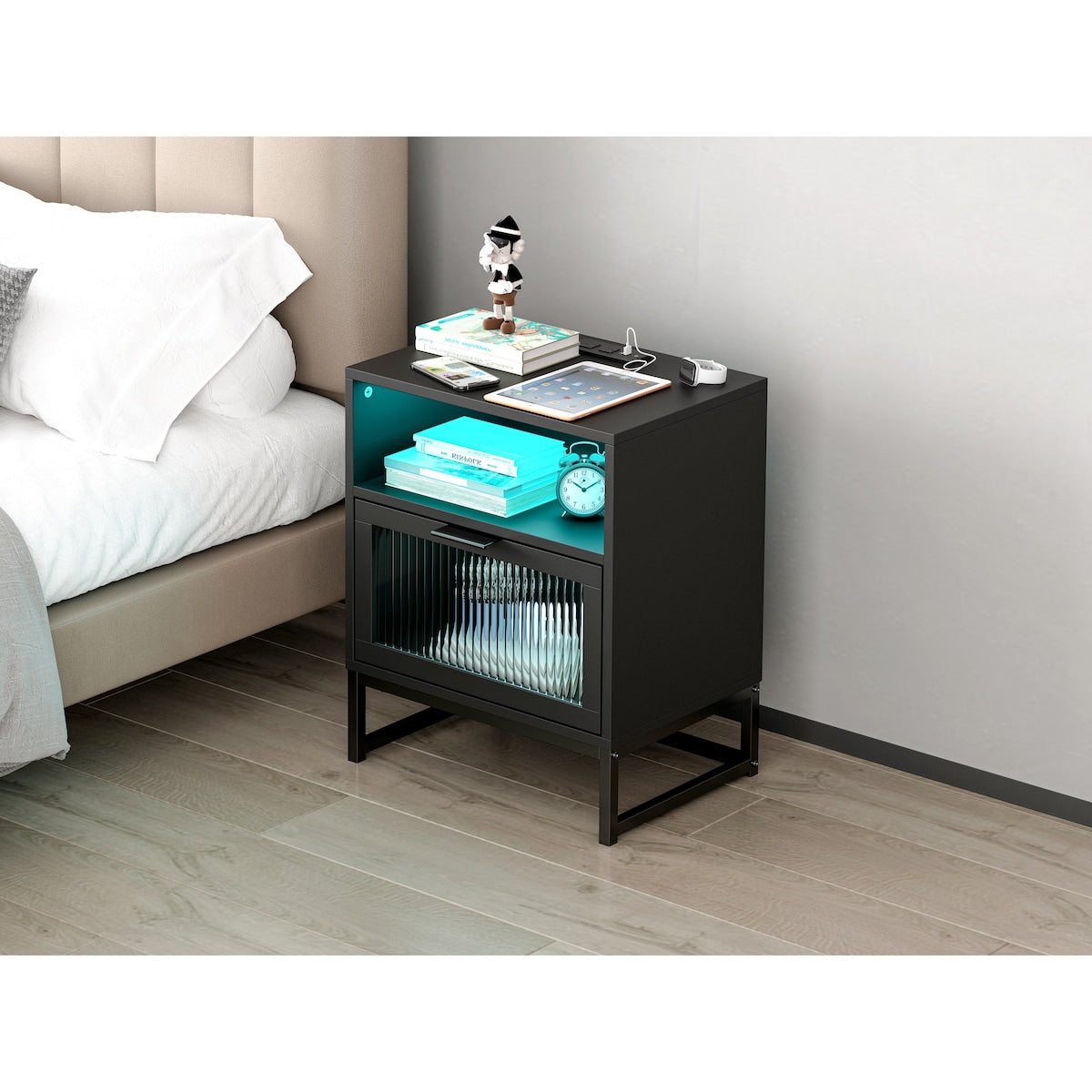 Minimalist Design Nightstand Bedside Table Accent End Table Side Table with LED Lights