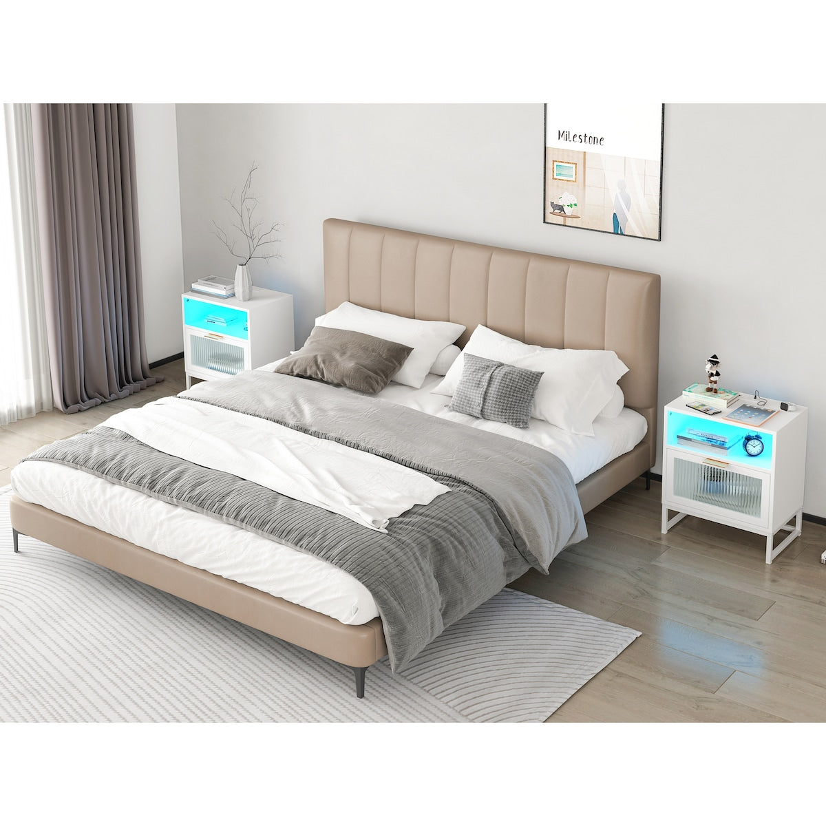 Minimalist Design Nightstand Bedside Table Accent End Table Side Table with LED Lights