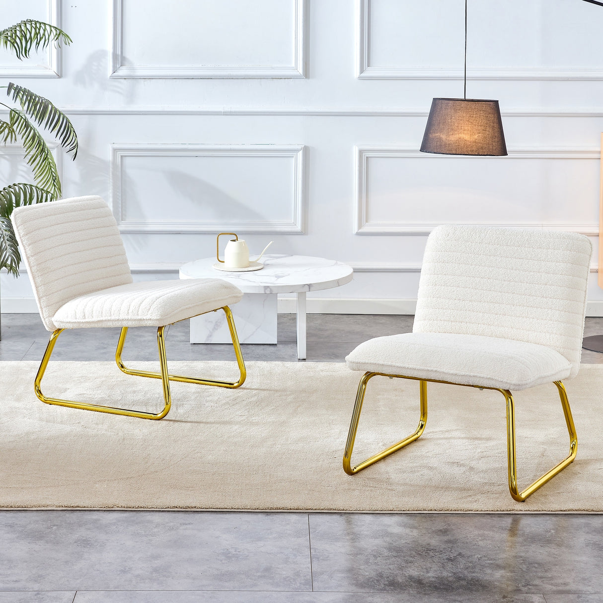Minimalist armless chair with plush cushion and backrest with golden metal legs