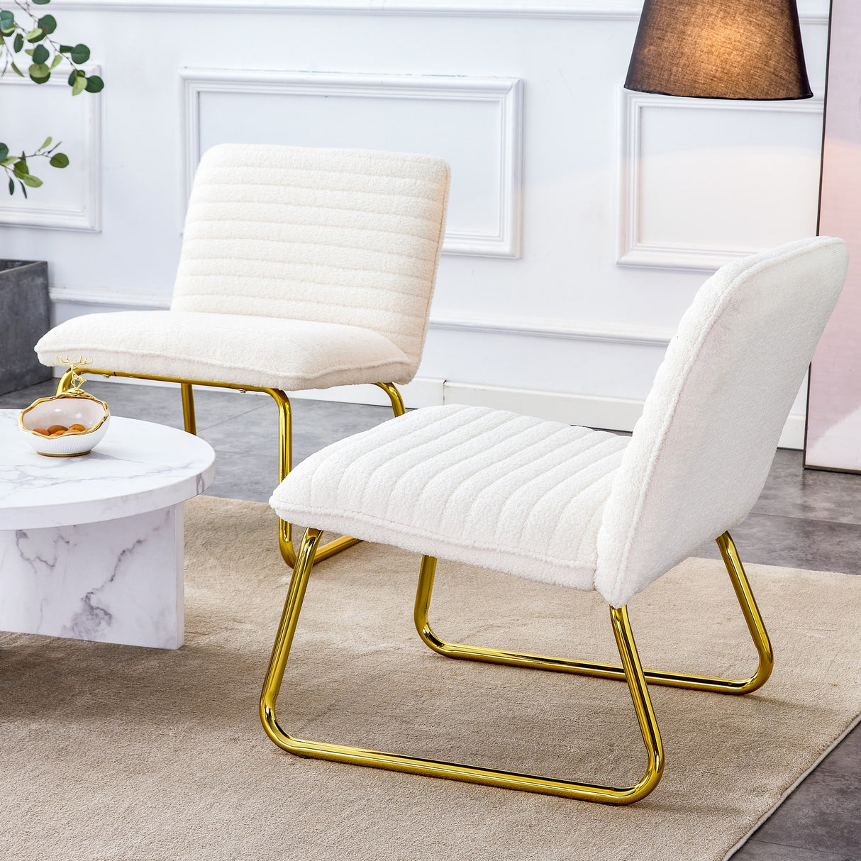 Minimalist armless chair with plush cushion and backrest with golden metal legs