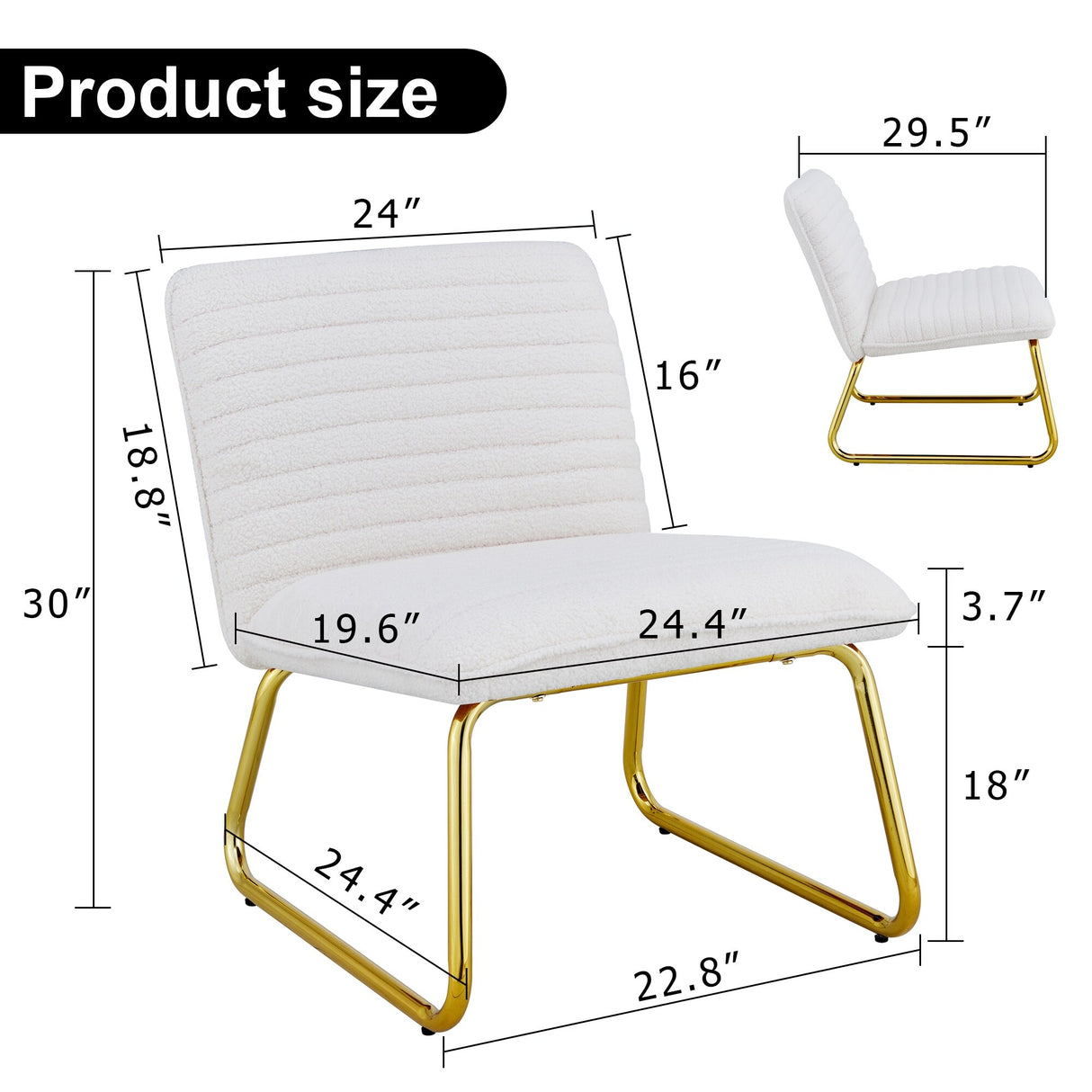 Minimalist armless chair with plush cushion and backrest with golden metal legs