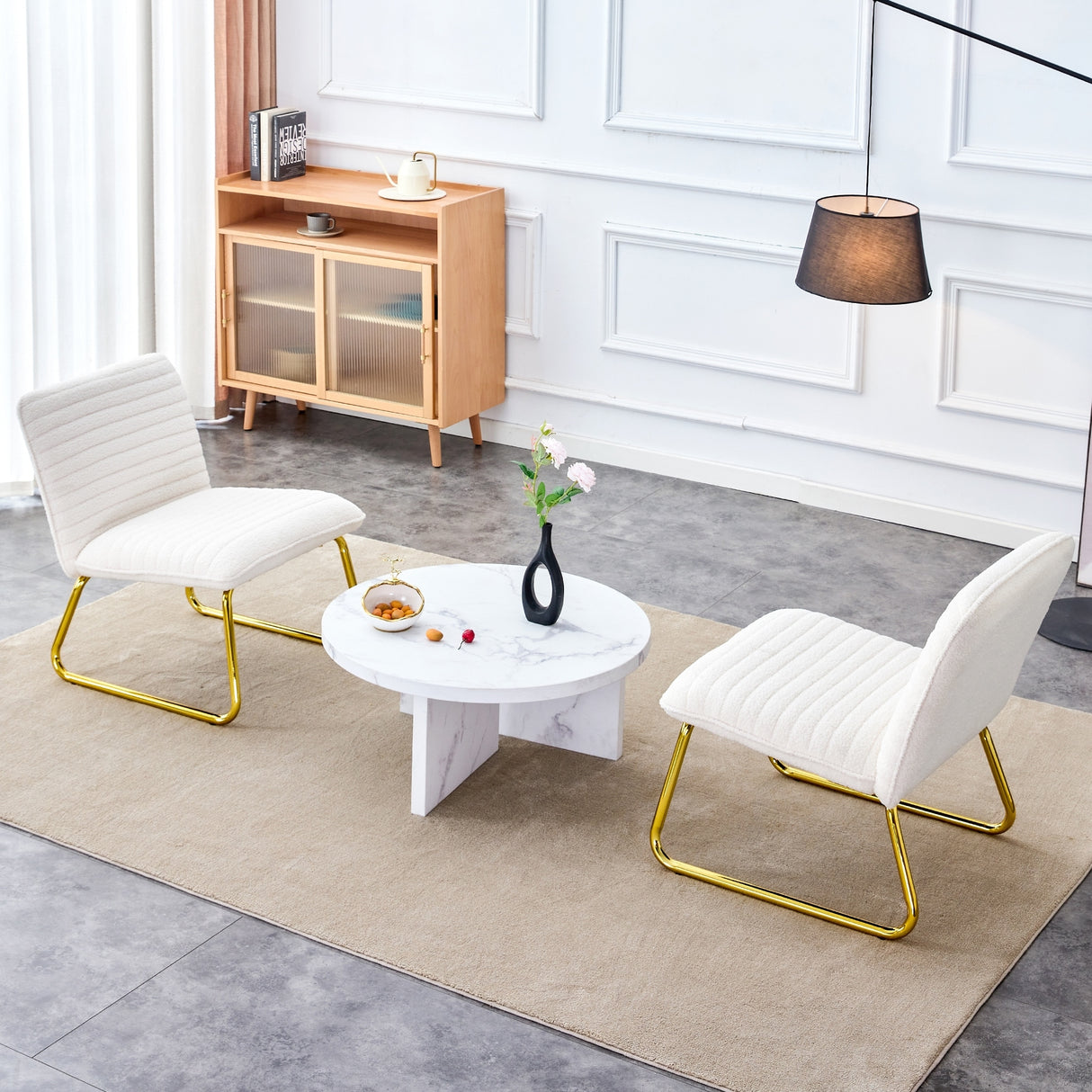 Minimalist armless chair with plush cushion and backrest with golden metal legs