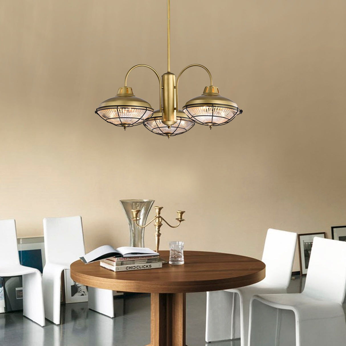Minny Brushed Bronze 3-Light Chandelier with Rippled Glass and Metal shade