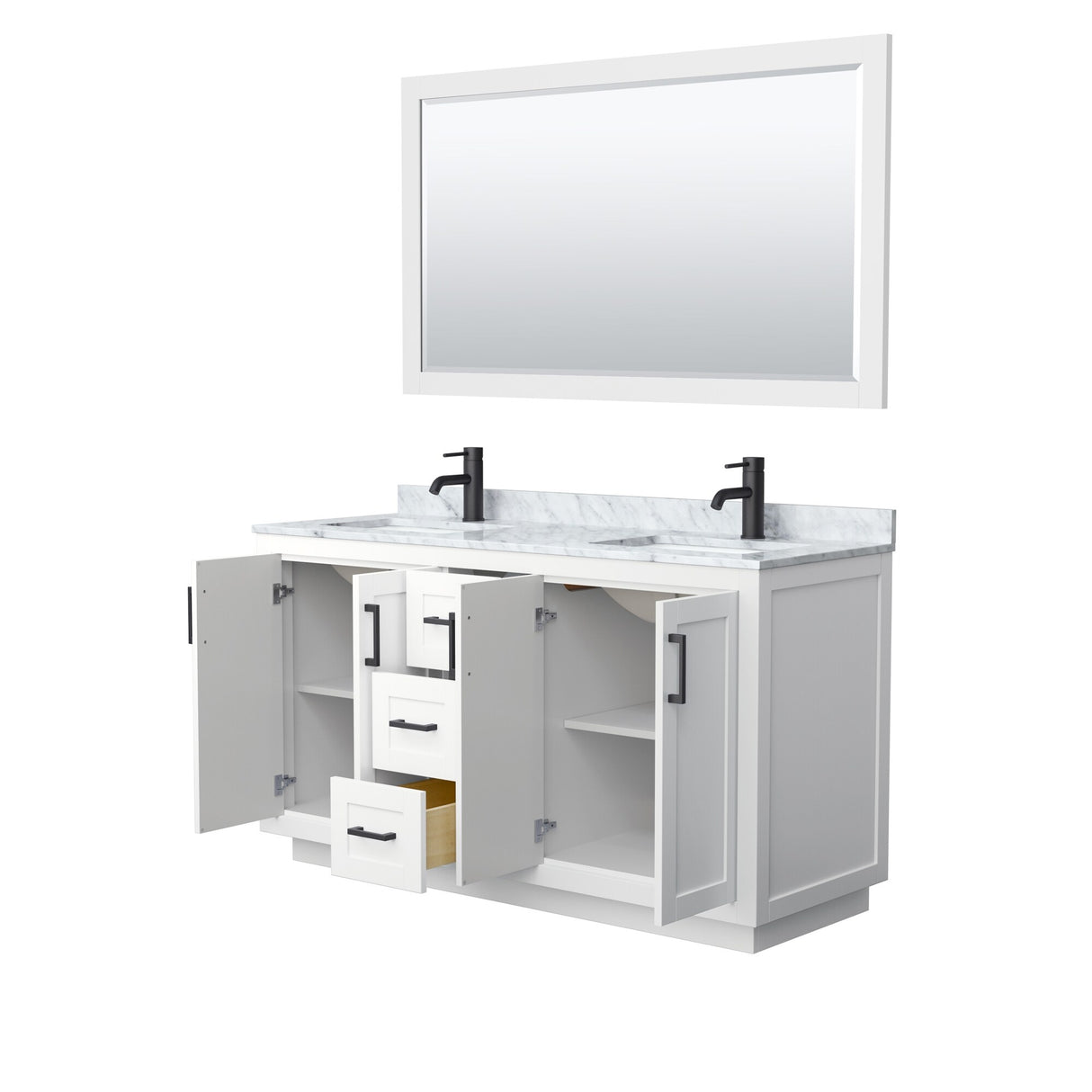 Miranda Bathroom Vanity Set, White Carrara Marble Top, 58-Inch Mirror