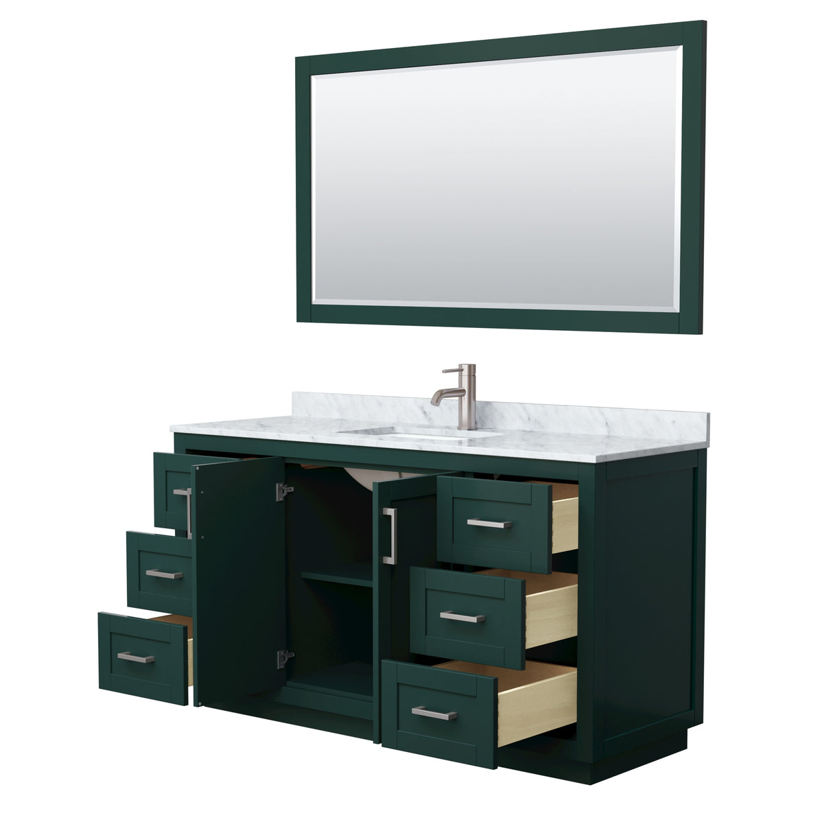 Miranda Bathroom Vanity Set, White Carrara Marble Top, 58-Inch Mirror