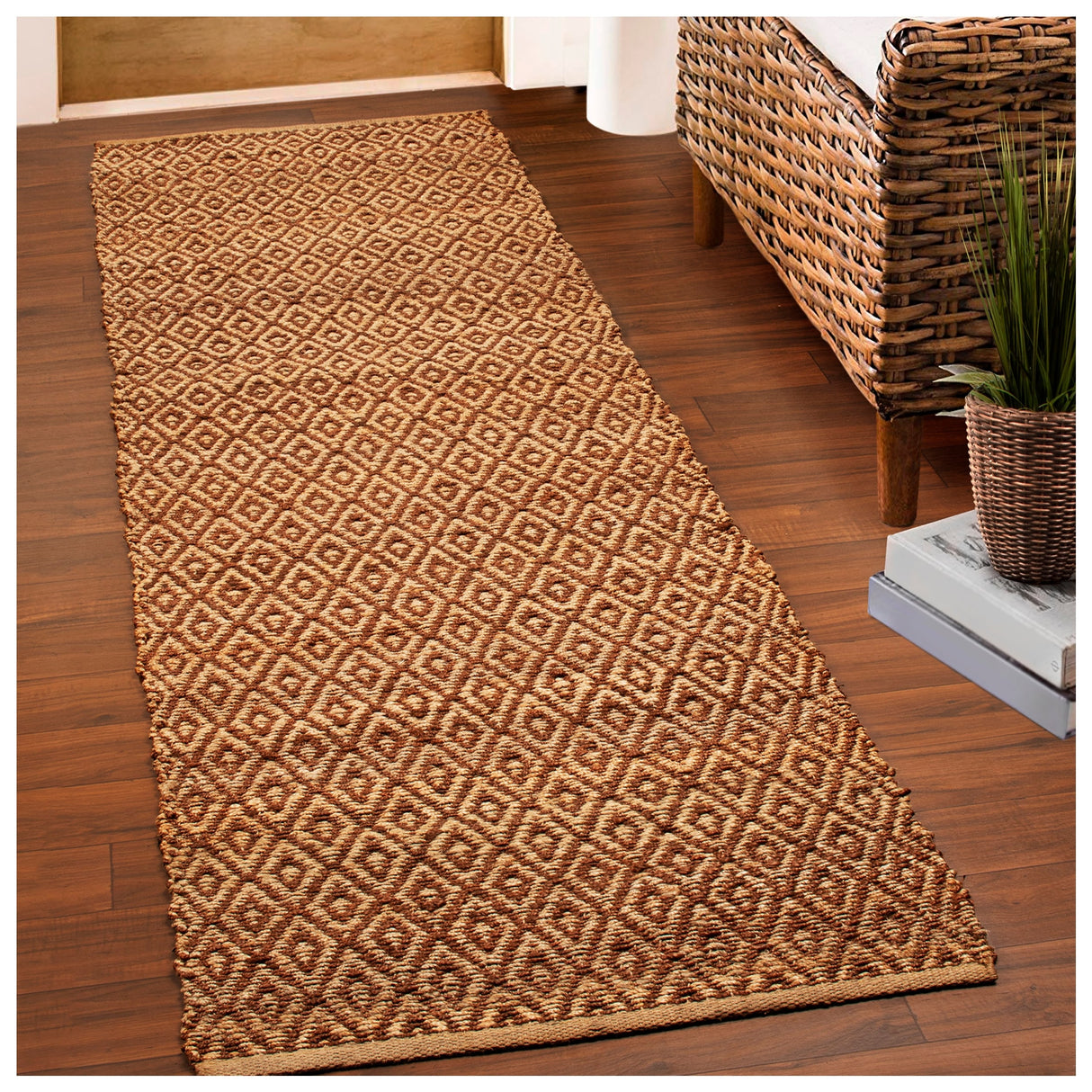 Superior Natural Jute Flatweave Diamond Reversible Black Area Rug
