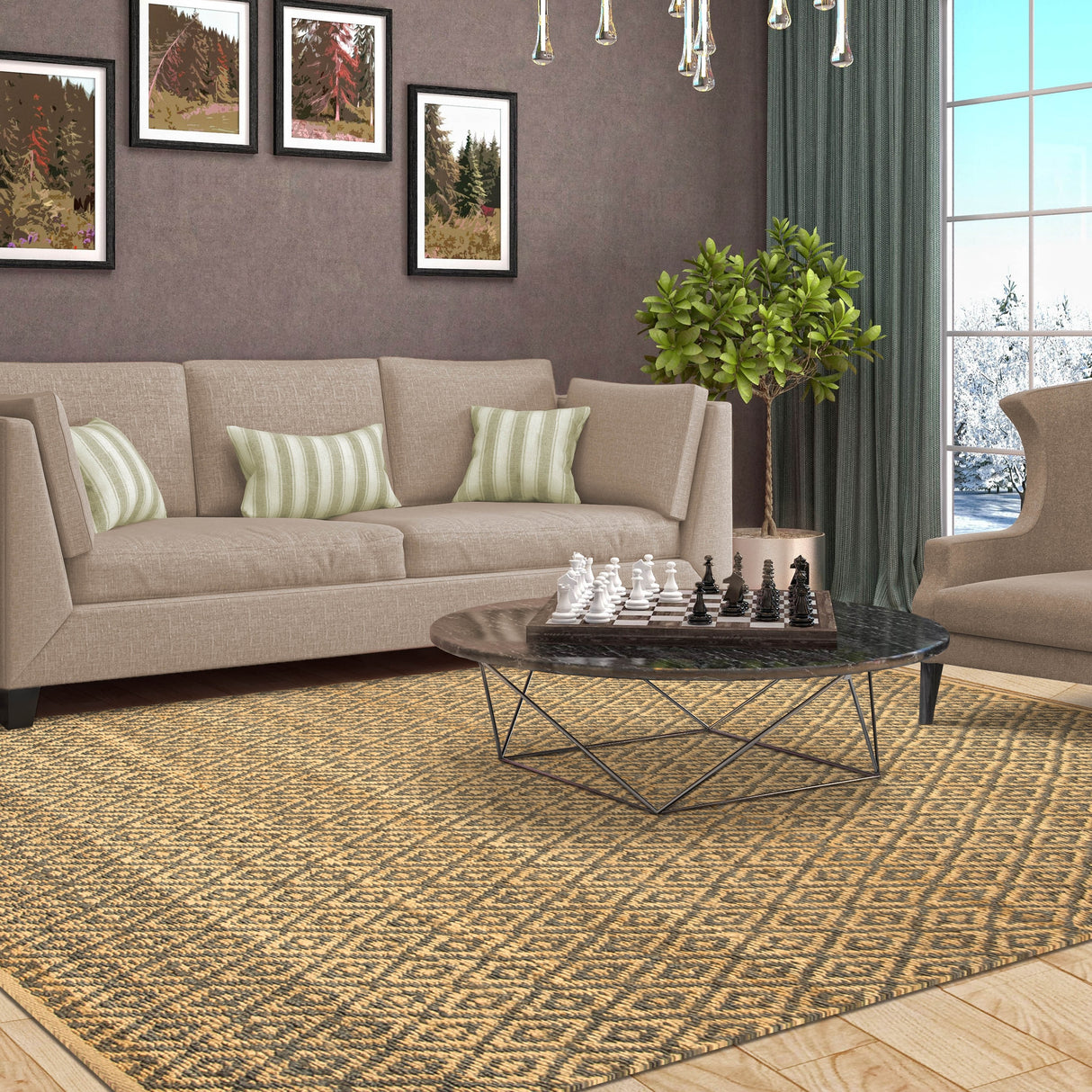 Superior Natural Jute Flatweave Diamond Reversible Black Area Rug