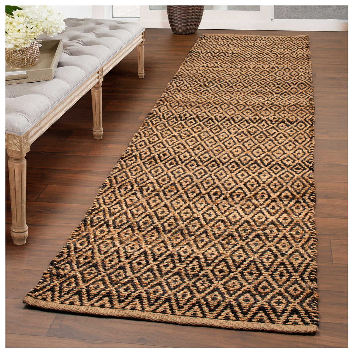Superior Natural Jute Flatweave Diamond Reversible Black Area Rug