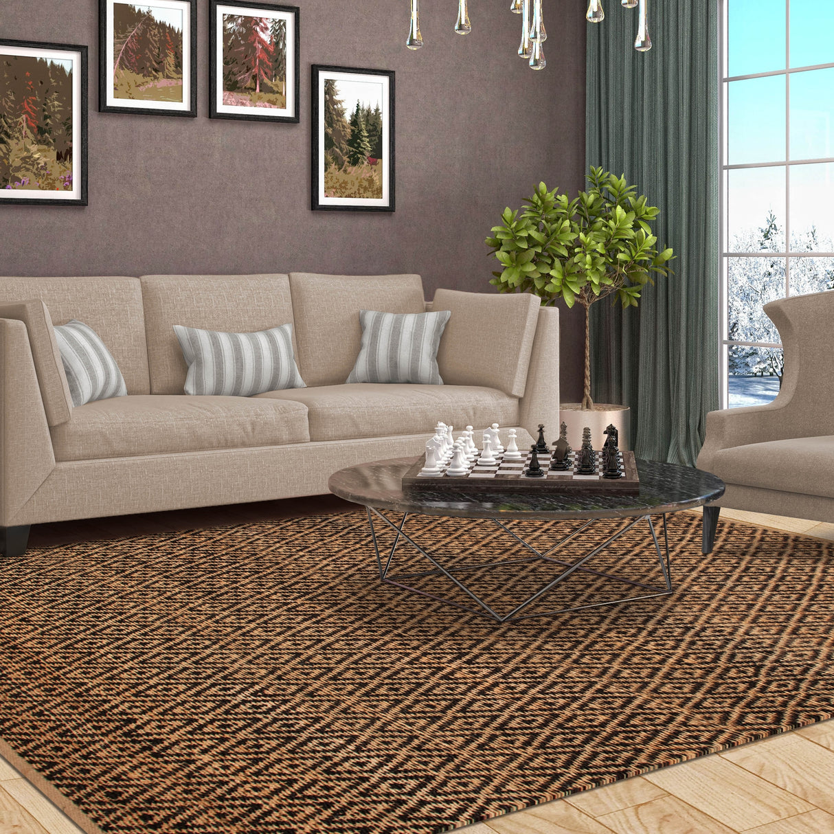 Superior Natural Jute Flatweave Diamond Reversible Black Area Rug