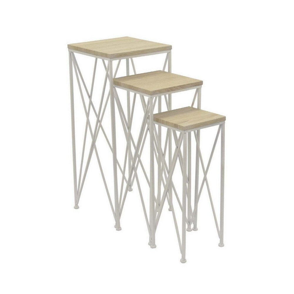 Mire Set of 3 Plant Stand Tables, Square Tops, Warm Light Wood, White Metal