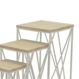 Mire Set of 3 Plant Stand Tables, Square Tops, Warm Light Wood, White Metal