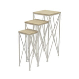 Mire Set of 3 Plant Stand Tables, Square Tops, Warm Light Wood, White Metal