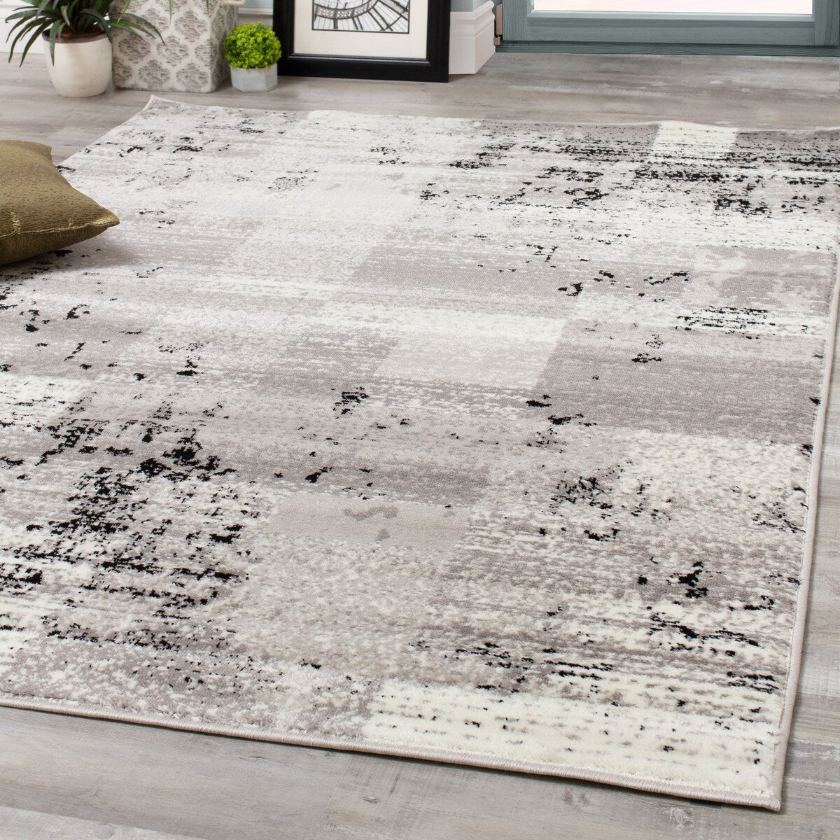 Mirrol Grey Distressed Rectangles Rug