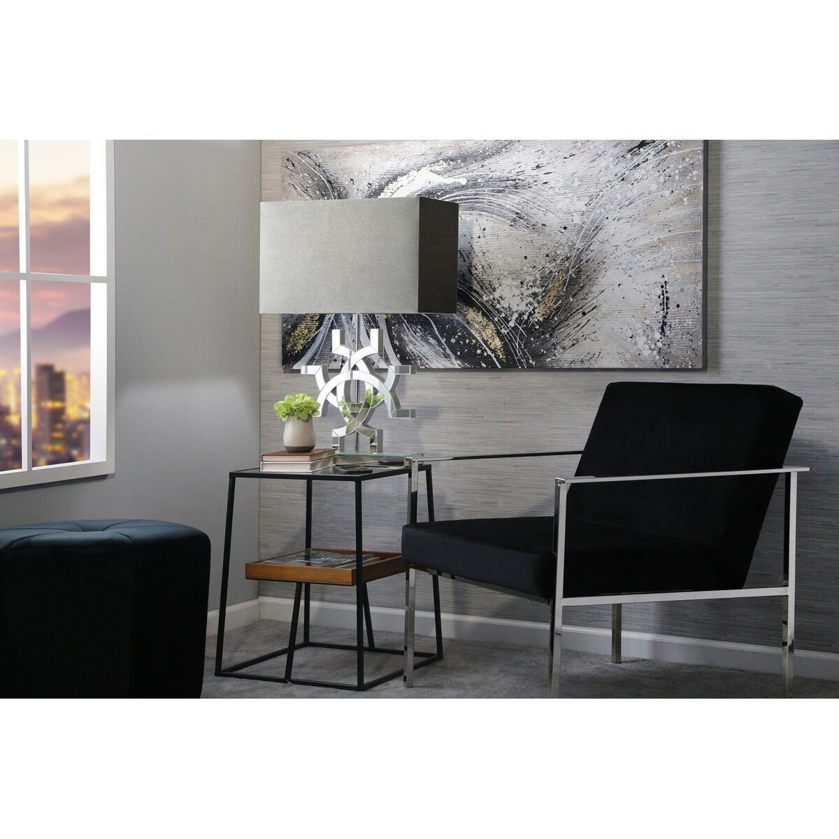 Mirrored 30" Geometric Table Lamp, Silver