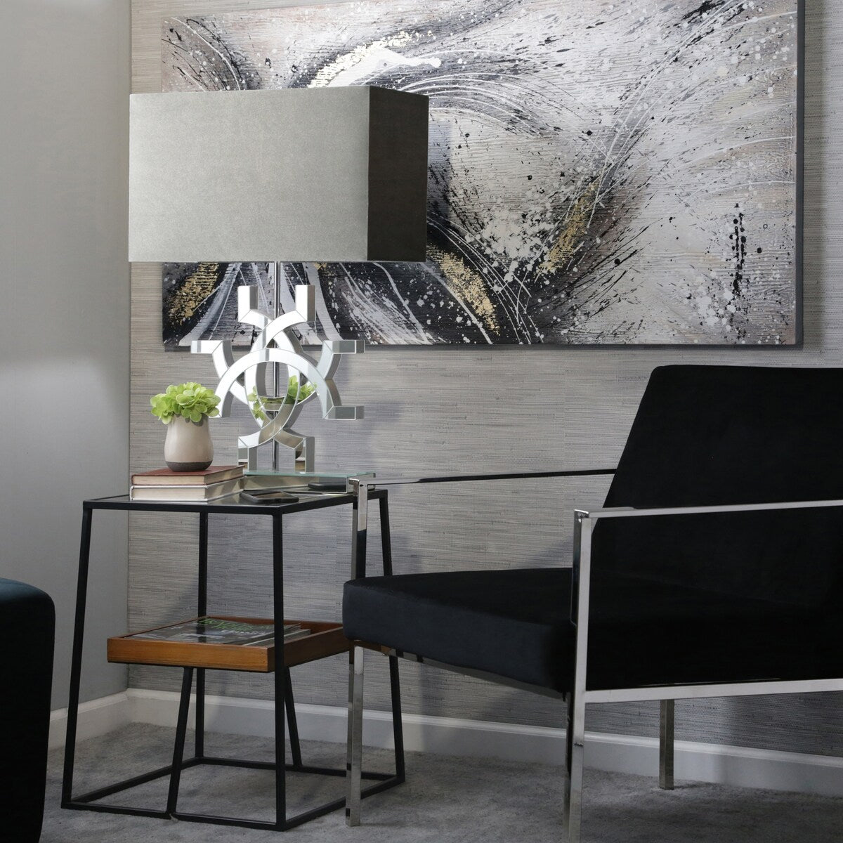 Mirrored 30" Geometric Table Lamp, Silver