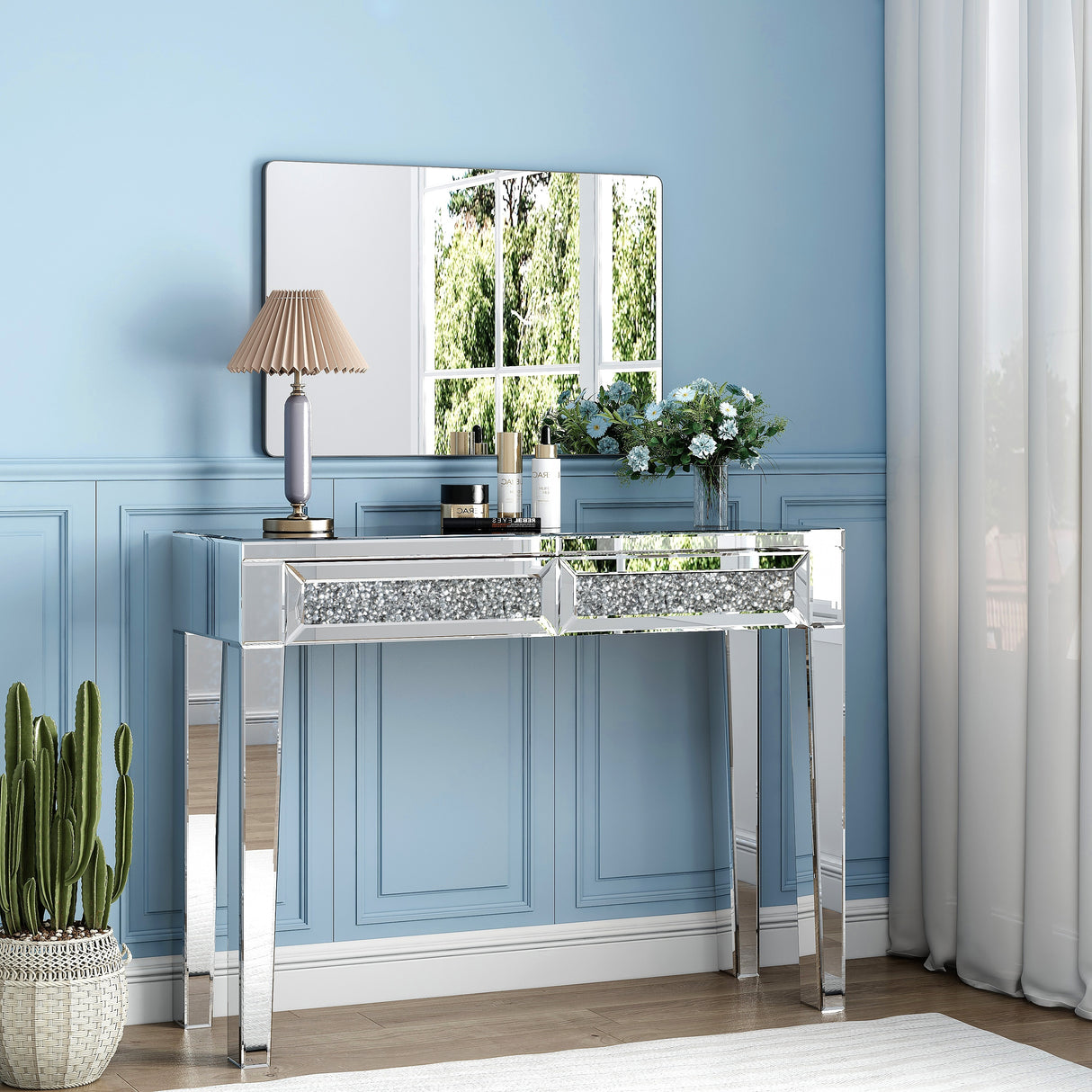 Glam Mirrored 2 Drawer Desk Console Table - 29.92'' H X 39.37'' W X 13.78'' D