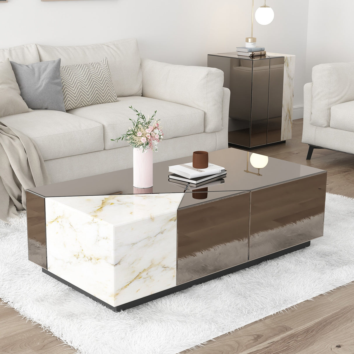 Mirrored Block Coffee Table With Unique Marble Patchwork Design