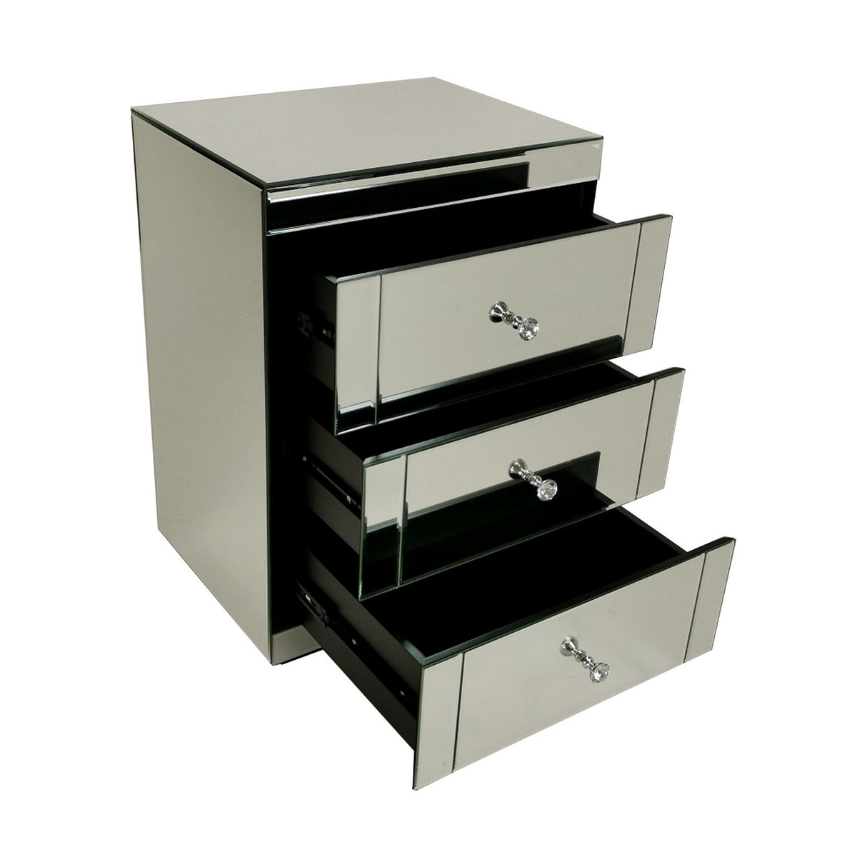 Mirrored Chest with 3 Drawers and Crystal Pulls, Silver