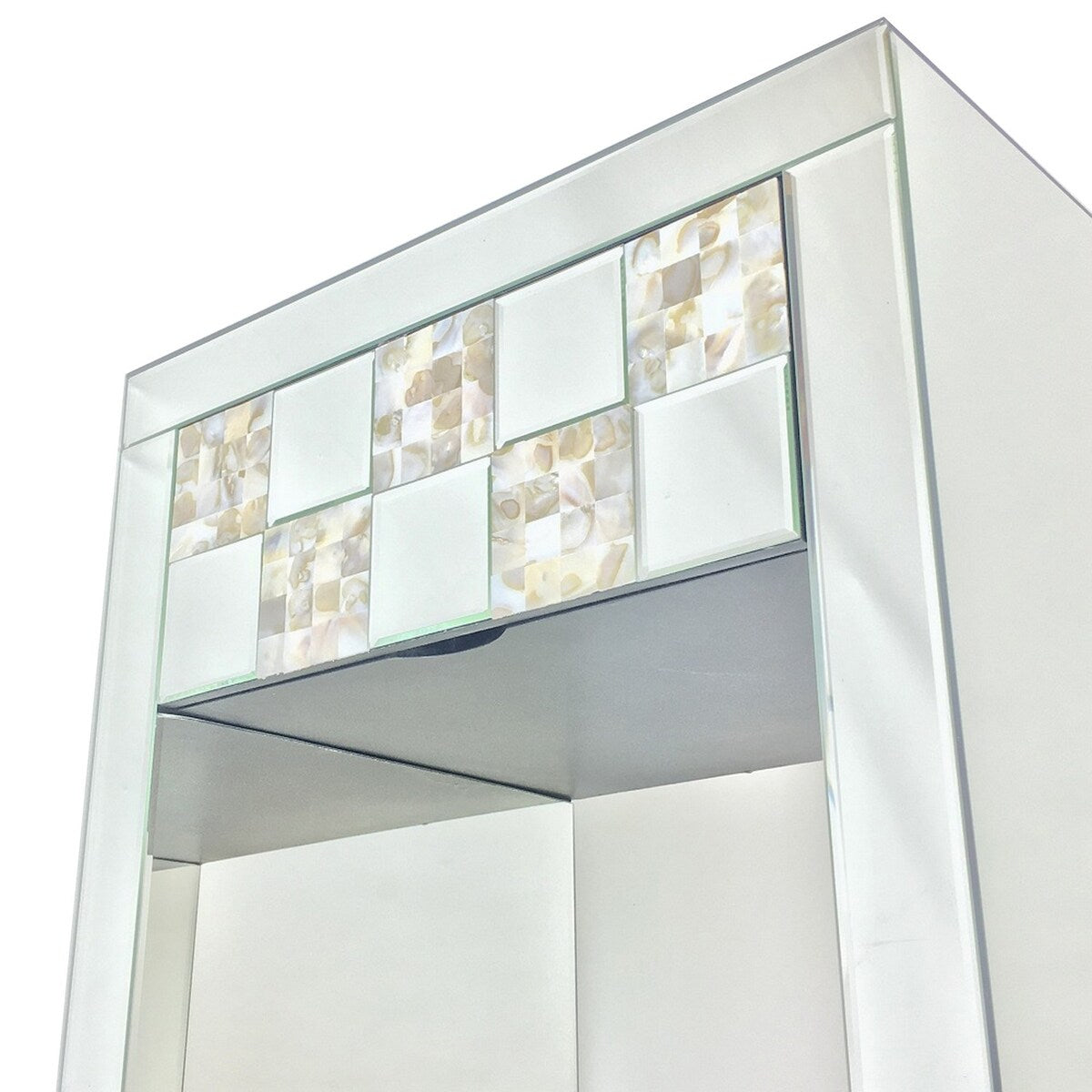 Mirrored End Table with 1 Drawer and Open Shelf, Silver