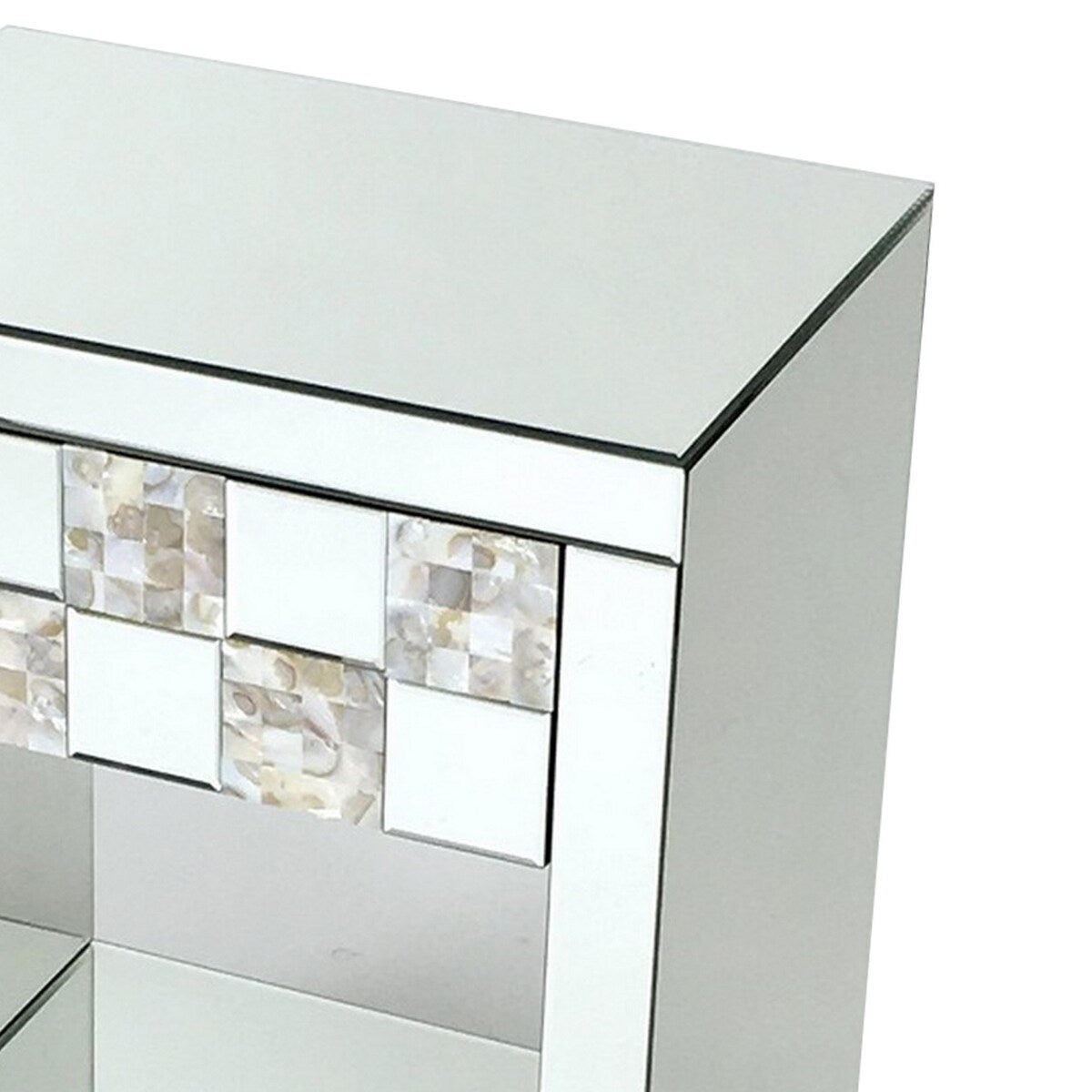 Mirrored End Table with 1 Drawer and Open Shelf, Silver