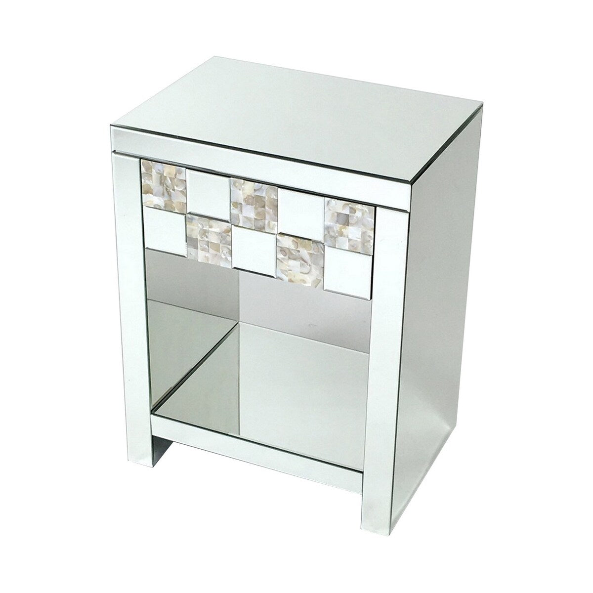 Mirrored End Table with 1 Drawer and Open Shelf, Silver
