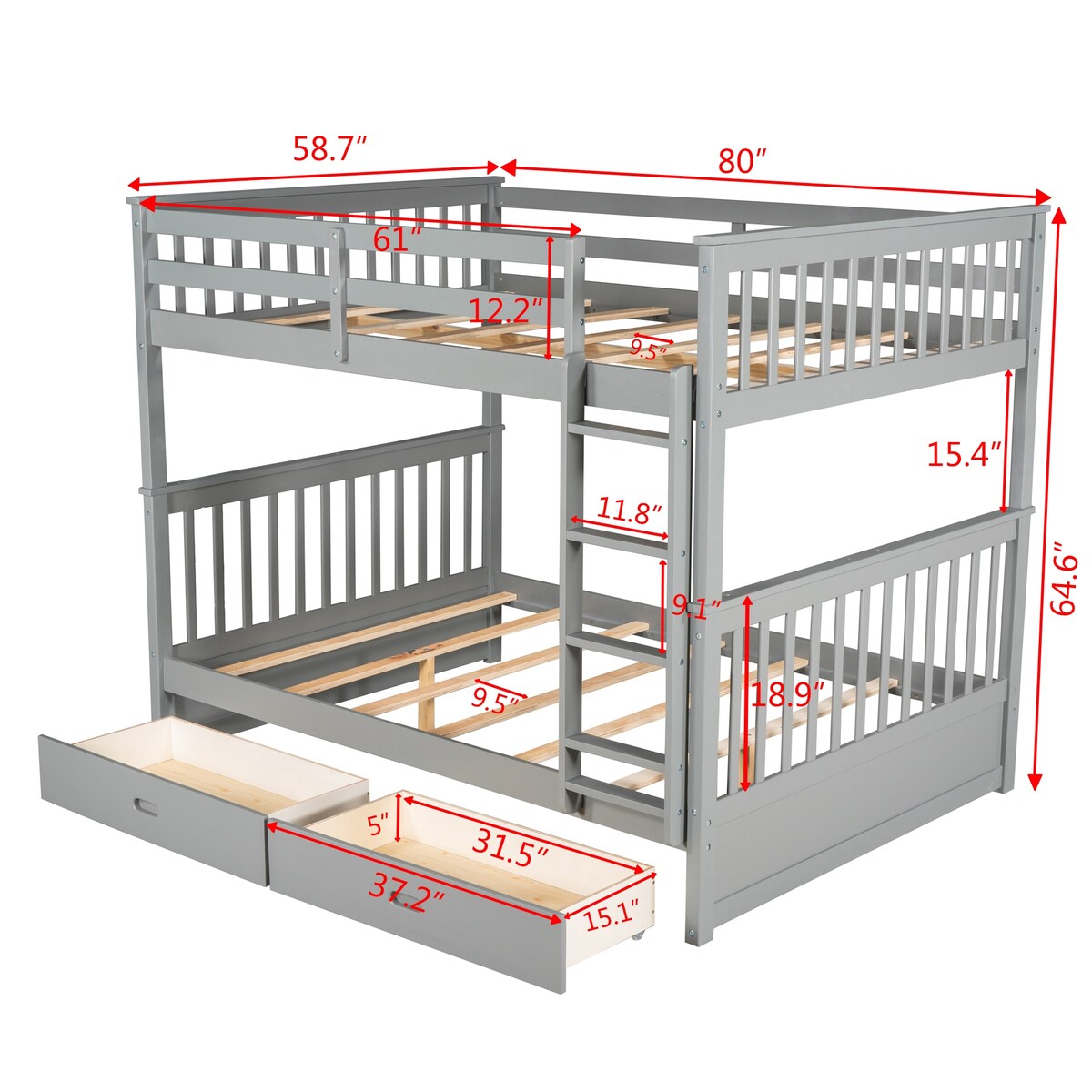 Mission & Craftsman Gray Wood Full-Over-Full Bunk Bed with Ladders and 2 Storage Drawers, Strong Slats Include