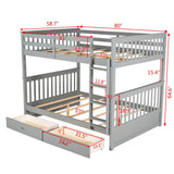 Mission & Craftsman Gray Wood Full-Over-Full Bunk Bed with Ladders and 2 Storage Drawers, Strong Slats Include