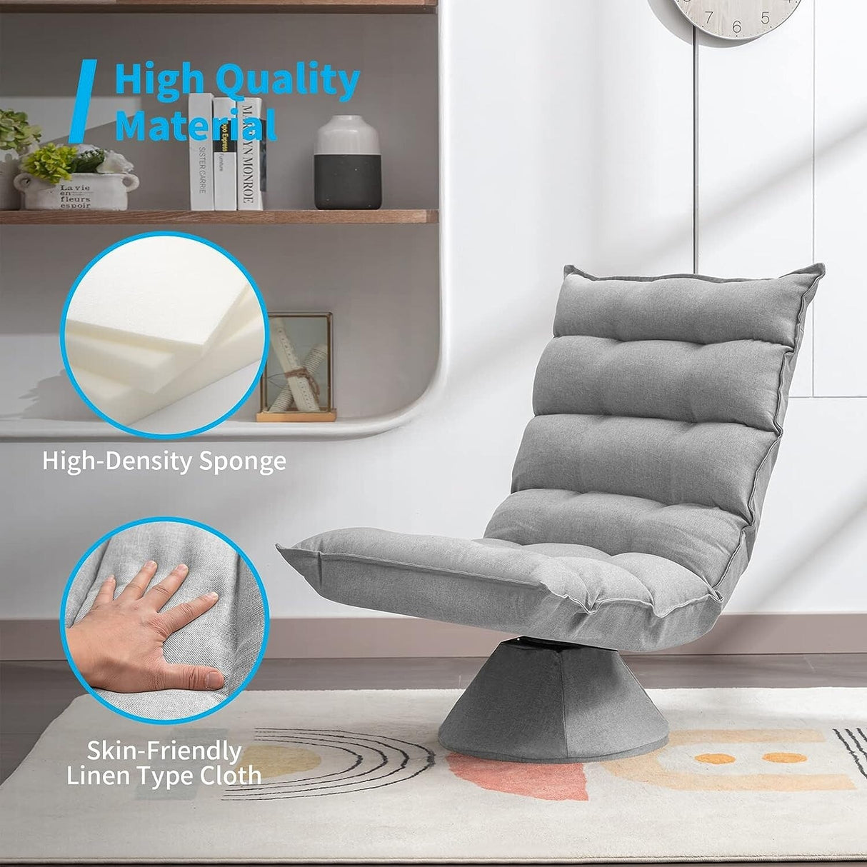 Mixoy 360 Degree Swivel Floor Chair, Recliner Chair with Adjustable Back Support,Space Saving Foldable Chair for Living Room