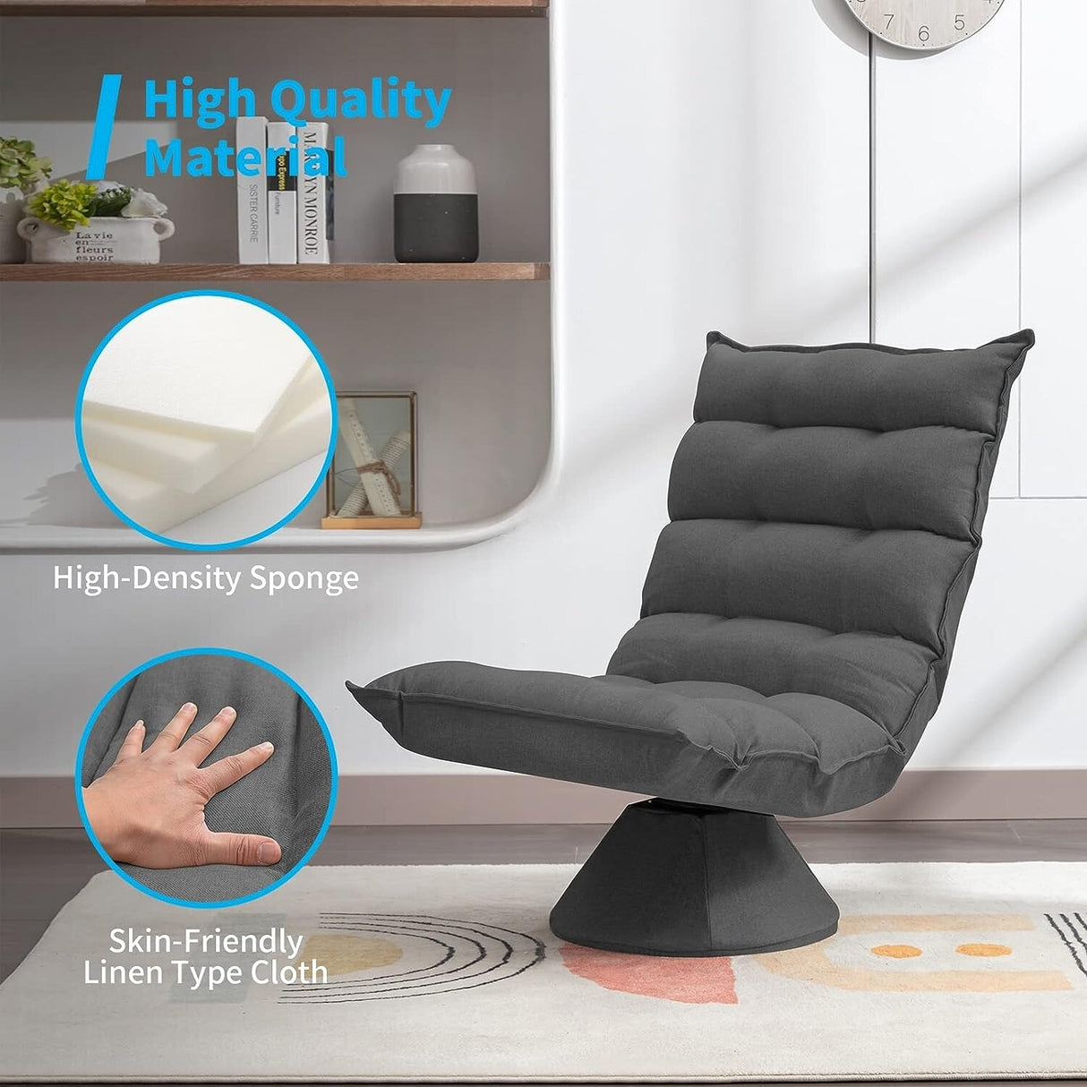 Mixoy 360 Degree Swivel Floor Chair, Recliner Chair with Adjustable Back Support,Space Saving Foldable Chair for Living Room