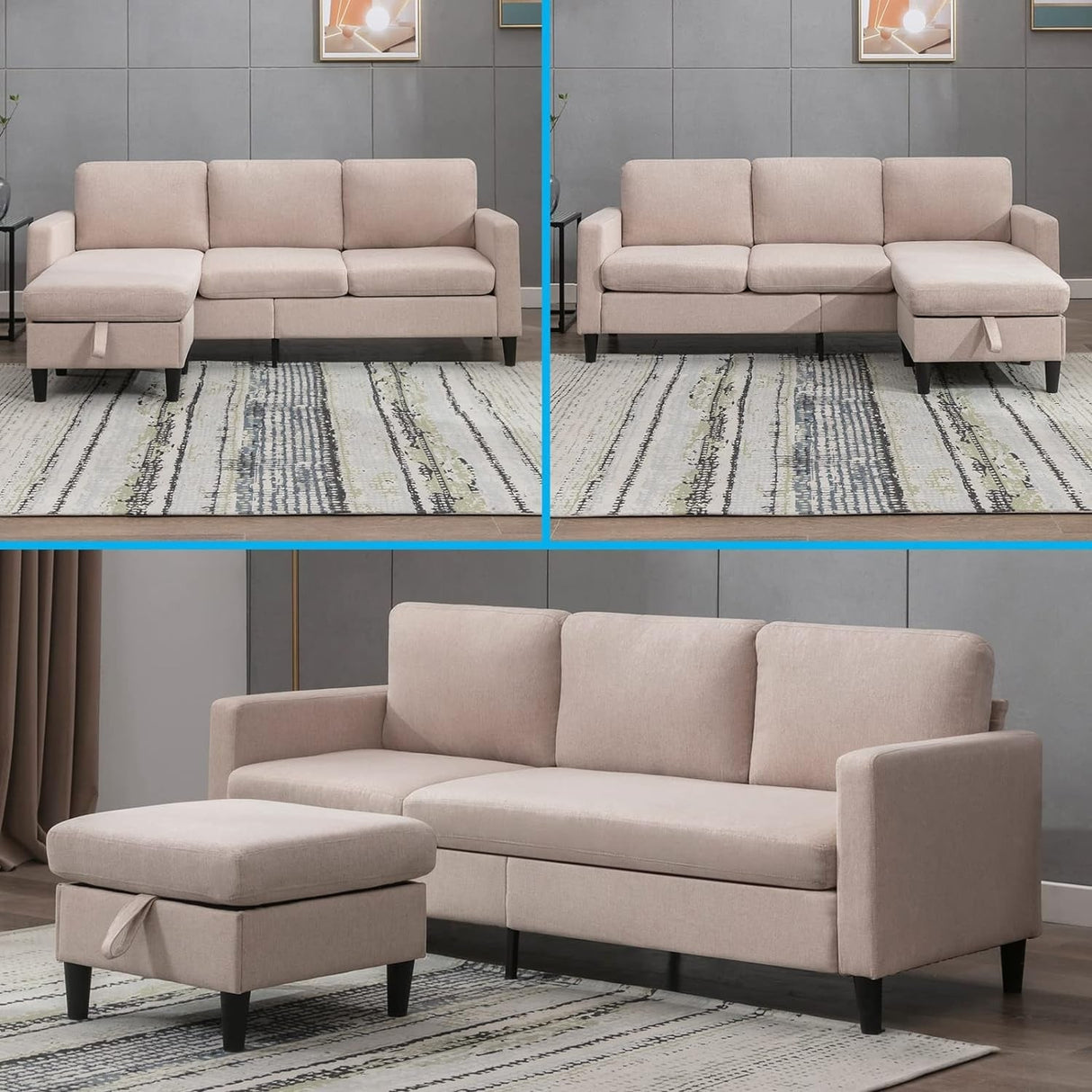 Mixoy Convertible Sectional Sofa with Storage Ottoman, Reversible Chaise