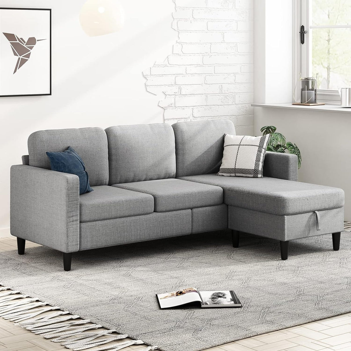 Mixoy Convertible Sectional Sofa with Storage Ottoman, Reversible Chaise