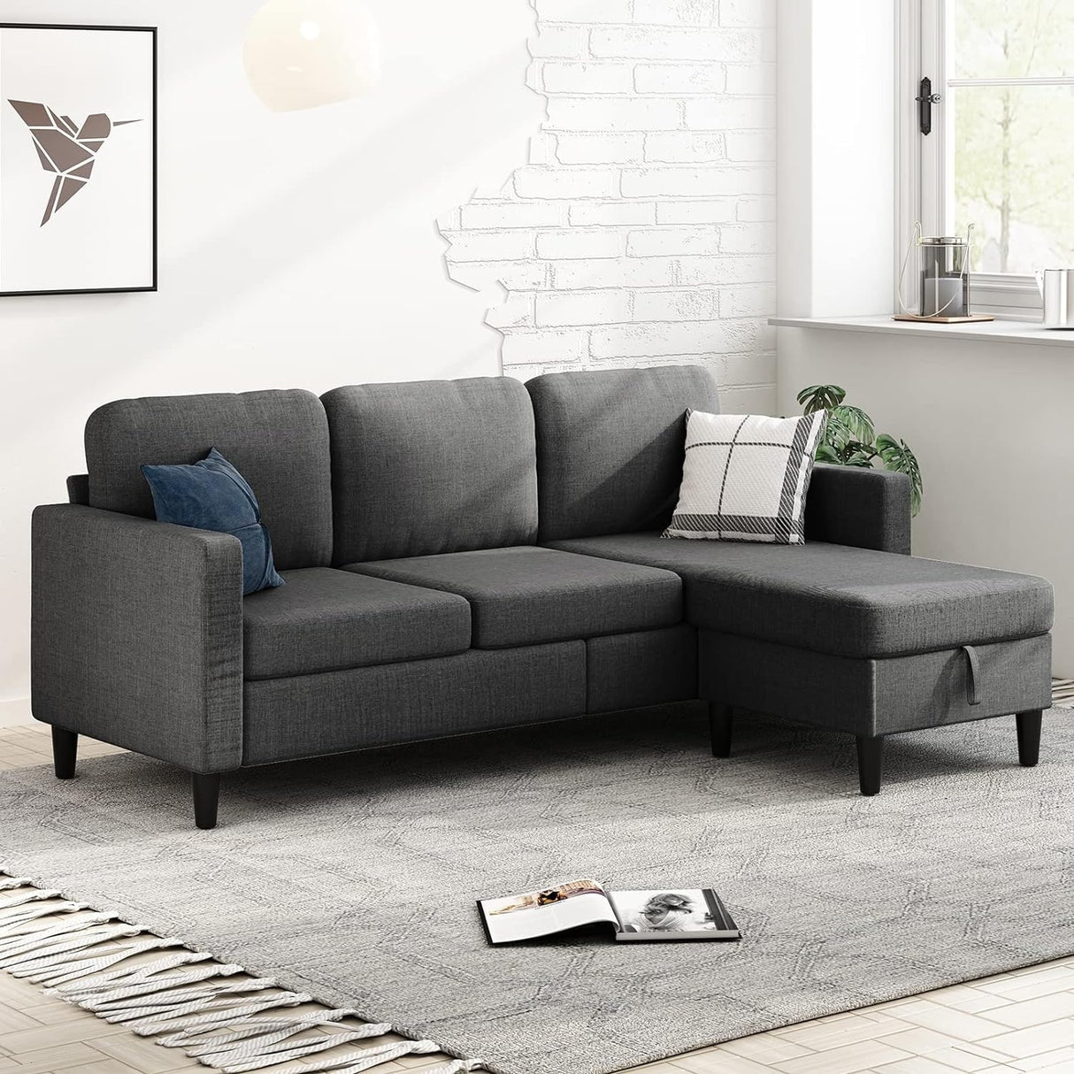 Mixoy Convertible Sectional Sofa with Storage Ottoman, Reversible Chaise