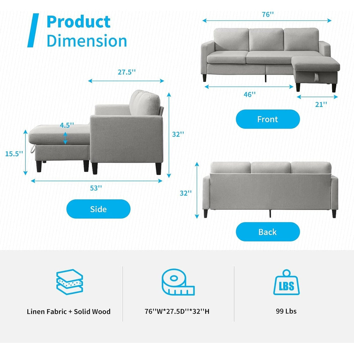 Mixoy Convertible Sectional Sofa with Storage Ottoman, Reversible Chaise