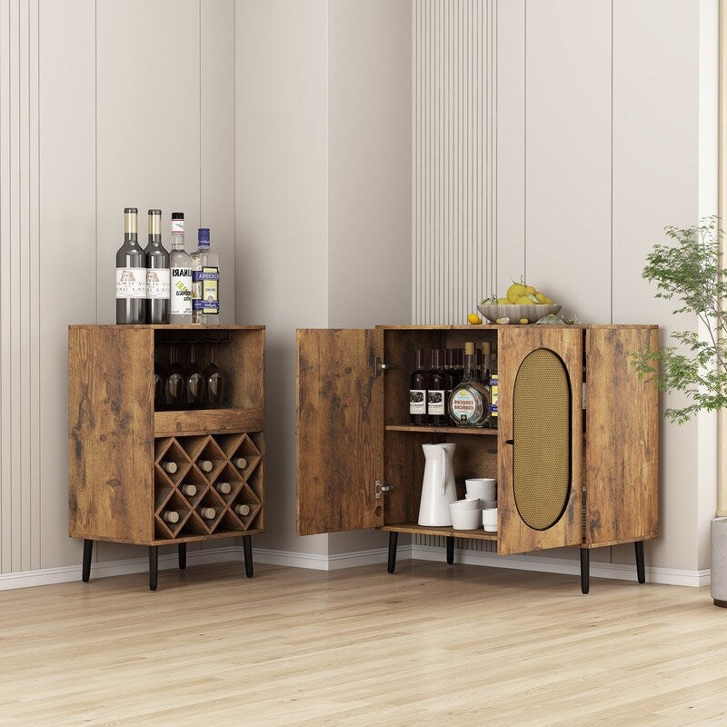 Mixoy Convertible Wine Bar Cabinet,55" Rattan Buffet Sideboard with Shelf, Home Liquor Cabinet with Wine Rack & Glass Holder