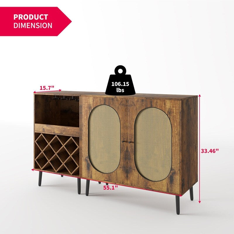 Mixoy Convertible Wine Bar Cabinet,55" Rattan Buffet Sideboard with Shelf, Home Liquor Cabinet with Wine Rack & Glass Holder