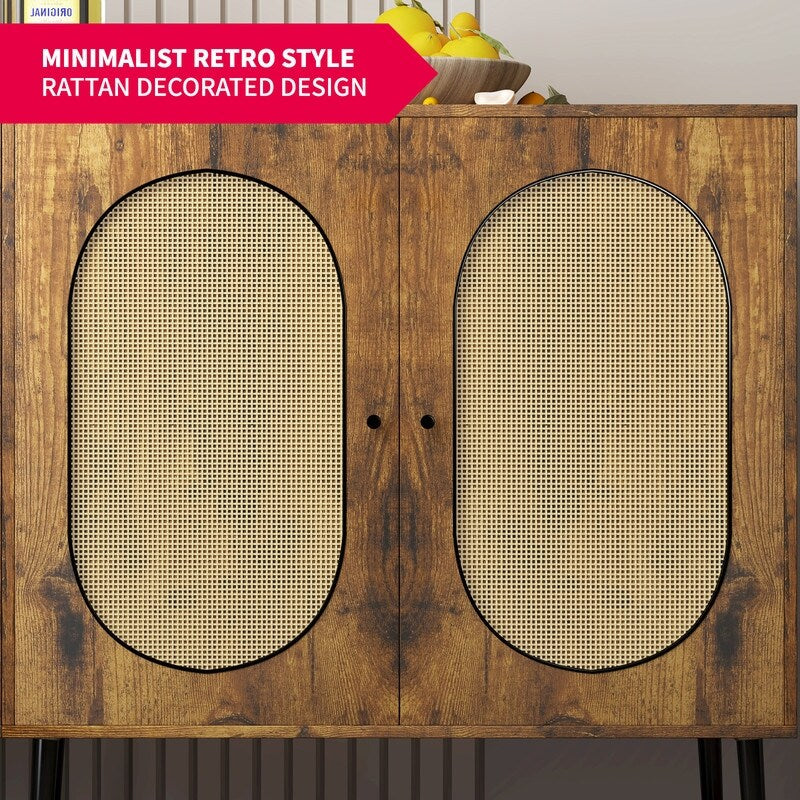 Mixoy Convertible Wine Bar Cabinet,55" Rattan Buffet Sideboard with Shelf, Home Liquor Cabinet with Wine Rack & Glass Holder