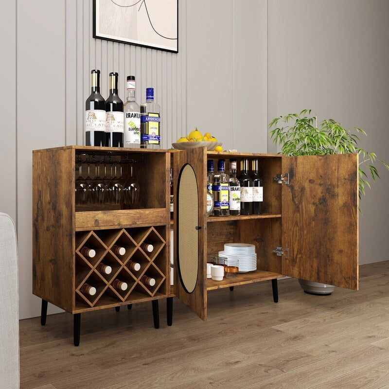 Mixoy Convertible Wine Bar Cabinet,55" Rattan Buffet Sideboard with Shelf, Home Liquor Cabinet with Wine Rack & Glass Holder