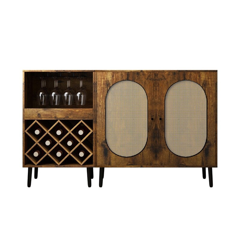 Mixoy Convertible Wine Bar Cabinet,55" Rattan Buffet Sideboard with Shelf, Home Liquor Cabinet with Wine Rack & Glass Holder