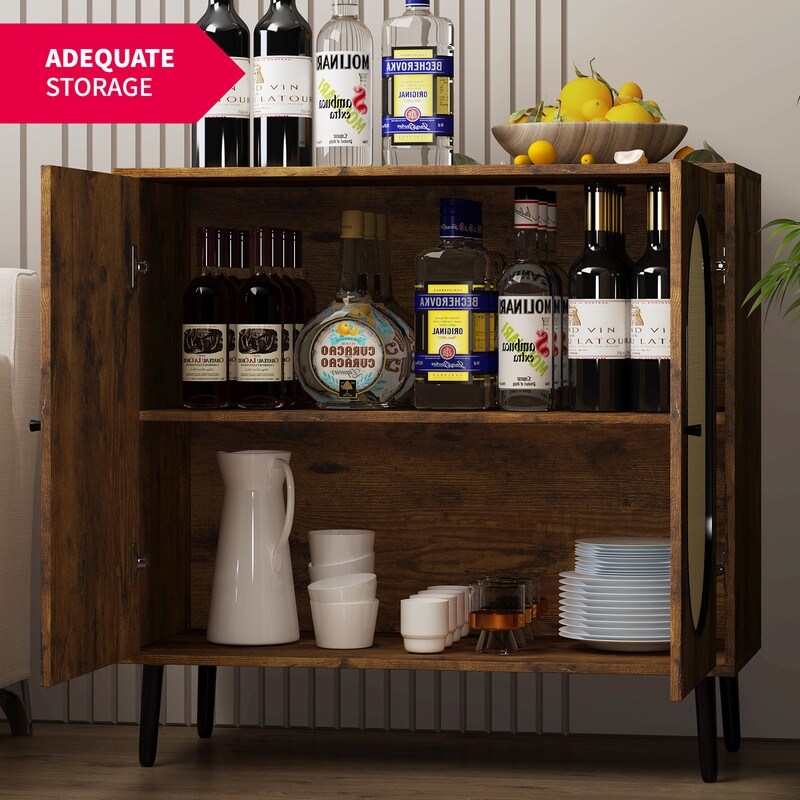 Mixoy Convertible Wine Bar Cabinet,55" Rattan Buffet Sideboard with Shelf, Home Liquor Cabinet with Wine Rack & Glass Holder