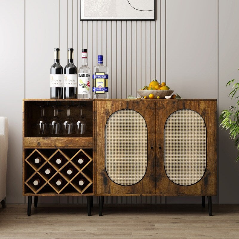 Mixoy Convertible Wine Bar Cabinet,55" Rattan Buffet Sideboard with Shelf, Home Liquor Cabinet with Wine Rack & Glass Holder
