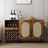 Mixoy Convertible Wine Bar Cabinet,55" Rattan Buffet Sideboard with Shelf, Home Liquor Cabinet with Wine Rack & Glass Holder