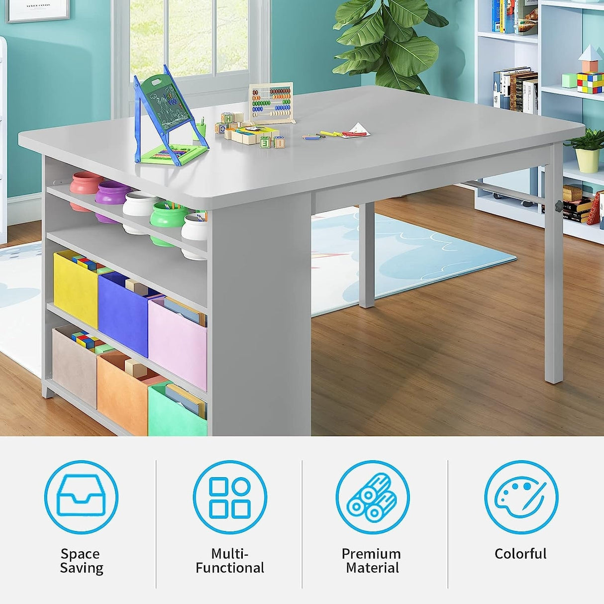 Mixoy Kids Table and Chair Set,Child Crafting table with Paper Roller and Removable Storage Box, Art Storage for Kids Reading