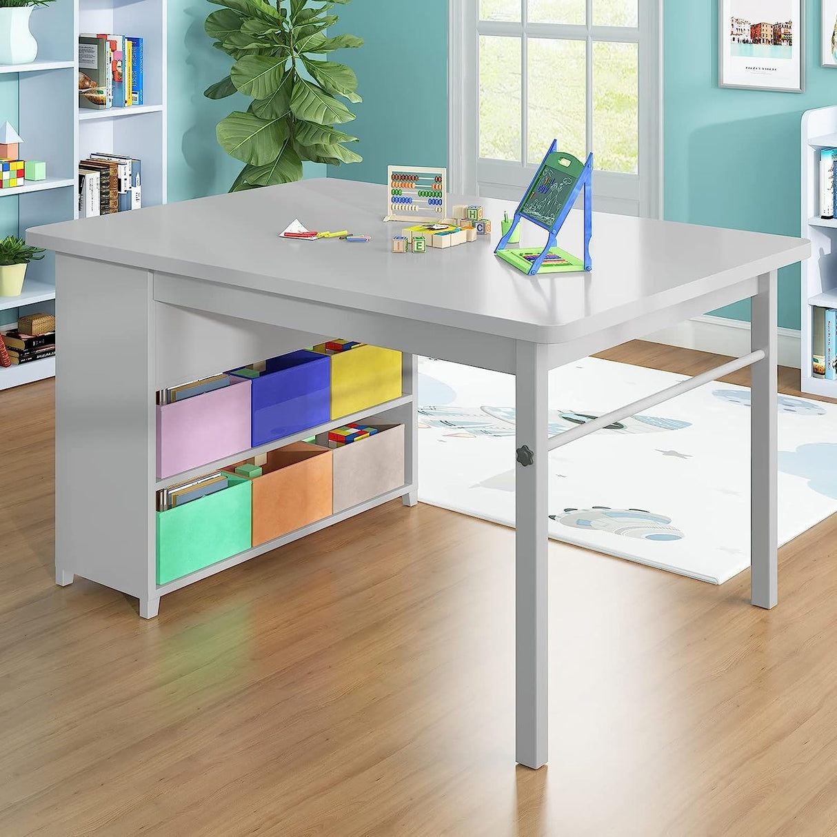 Mixoy Kids Table and Chair Set,Child Crafting table with Paper Roller and Removable Storage Box, Art Storage for Kids Reading