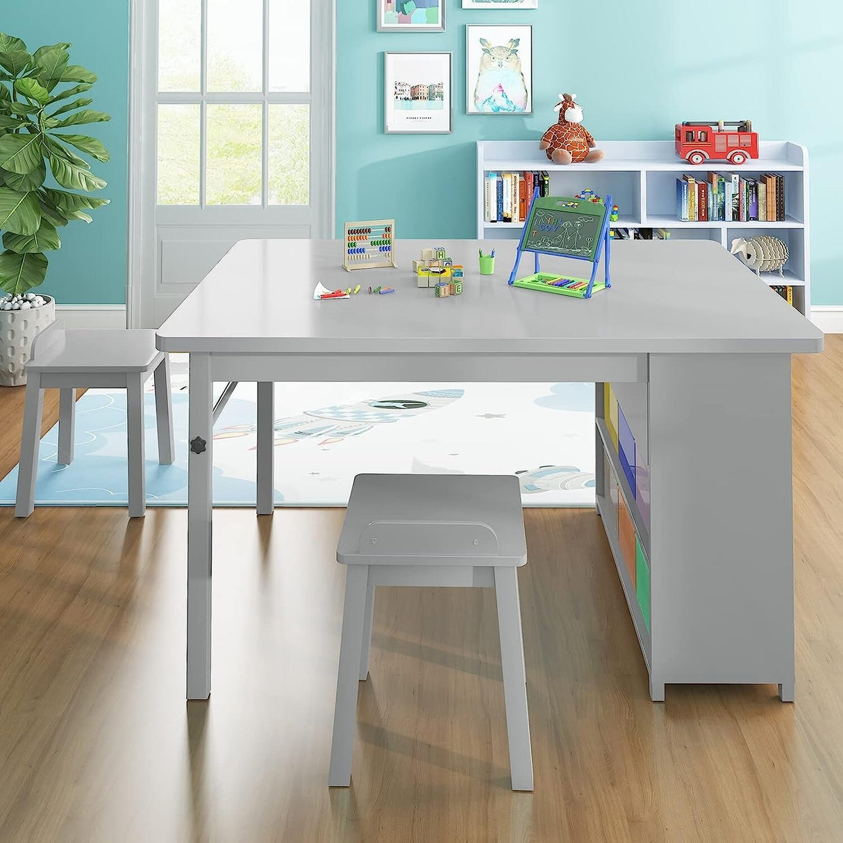 Mixoy Kids Table and Chair Set,Child Crafting table with Paper Roller and Removable Storage Box, Art Storage for Kids Reading