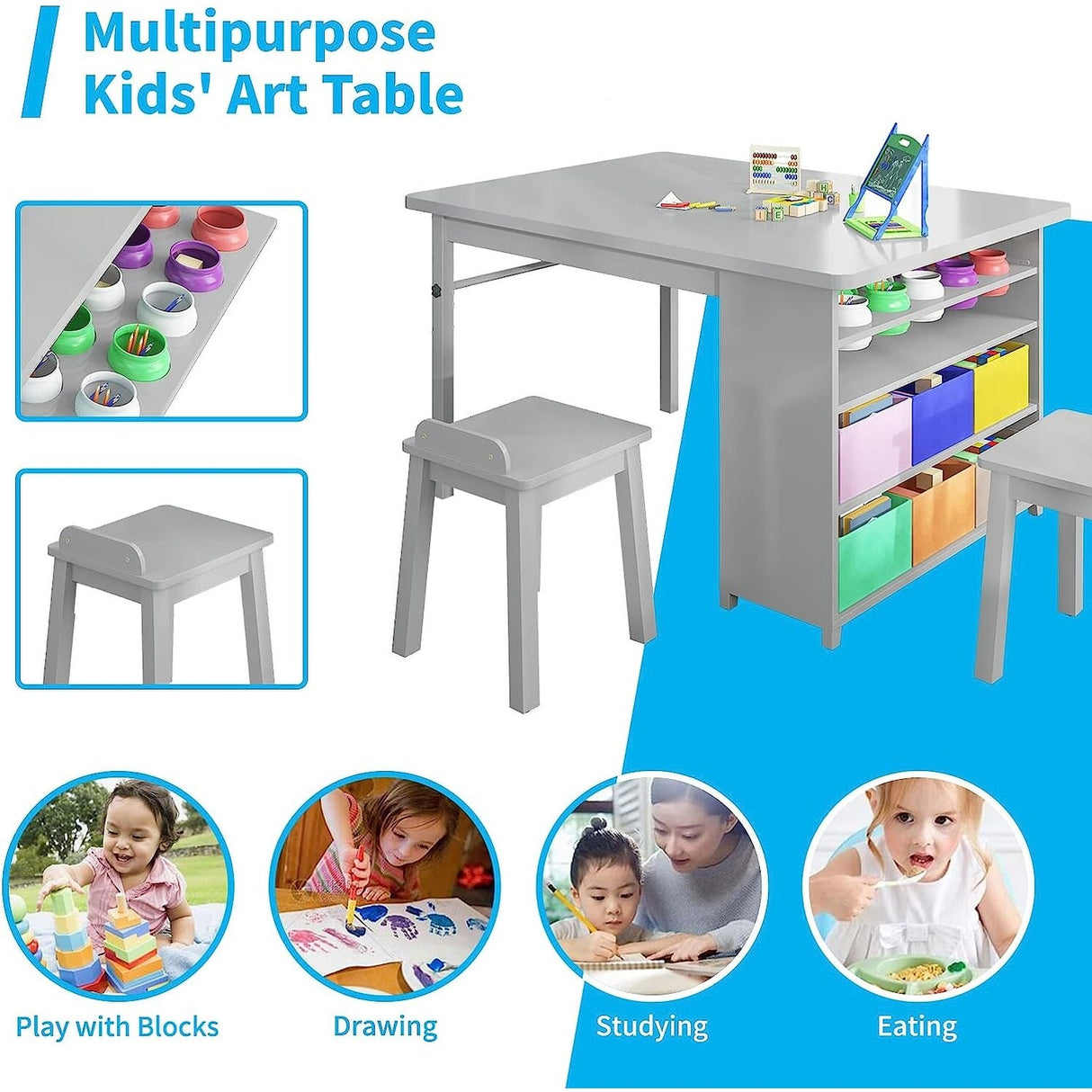 Mixoy Kids Table and Chair Set,Child Crafting table with Paper Roller and Removable Storage Box, Art Storage for Kids Reading